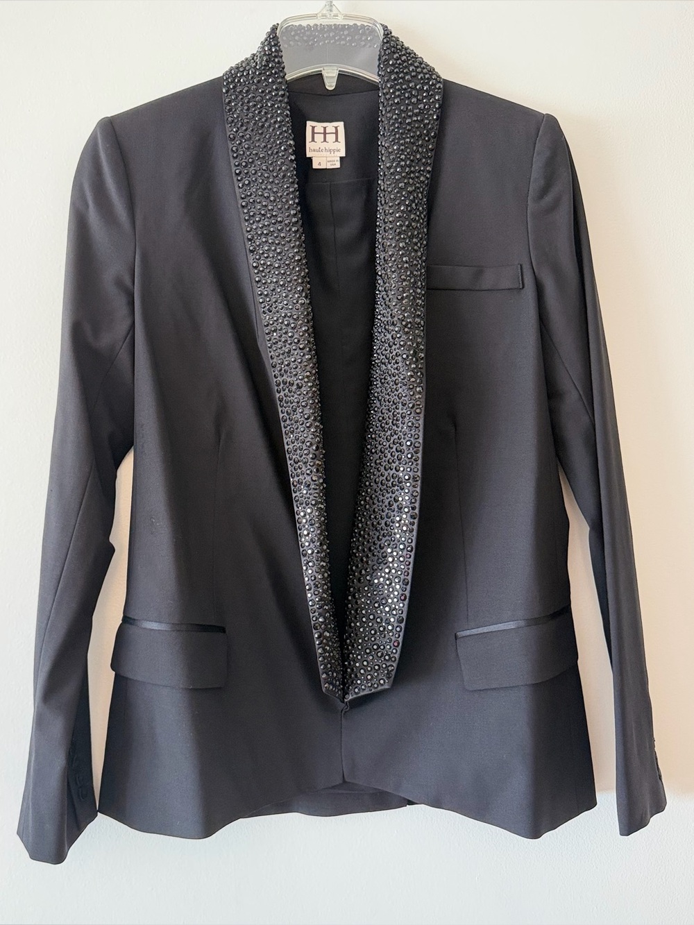 Haute Hippie Black Beaded Crystal Trim Silk-Lined Tuxedo Blazer Jacket Size 4